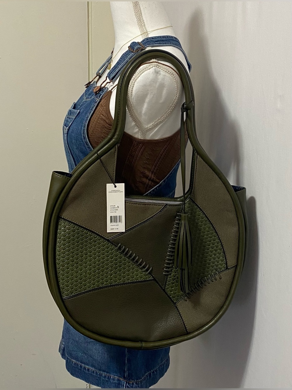 French Connection Olive Patchwork Circle Shoulder Bag with Tassel